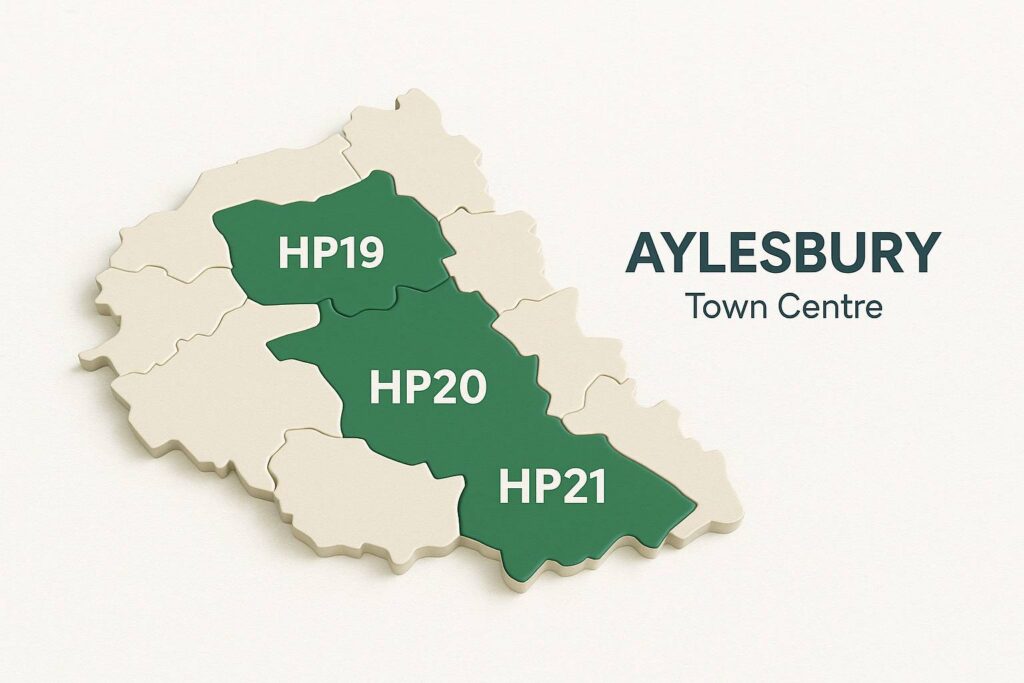 Map of Aylesbury showing carpet cleaning coverage HP19–HP21.